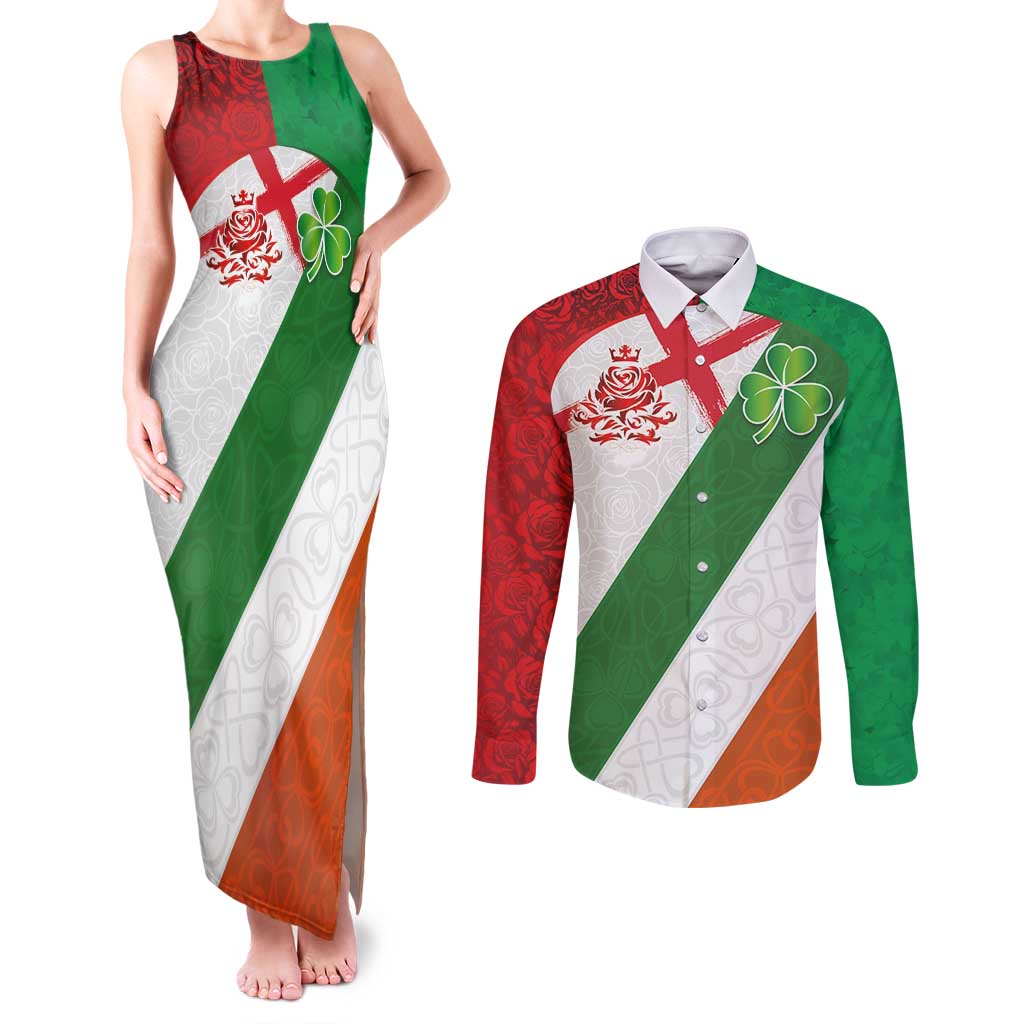 Custom Ireland and England Couples Matching Tank Maxi Dress and Long Sleeve Button Shirt Celtic Shanrocks and Roses with Red Cross