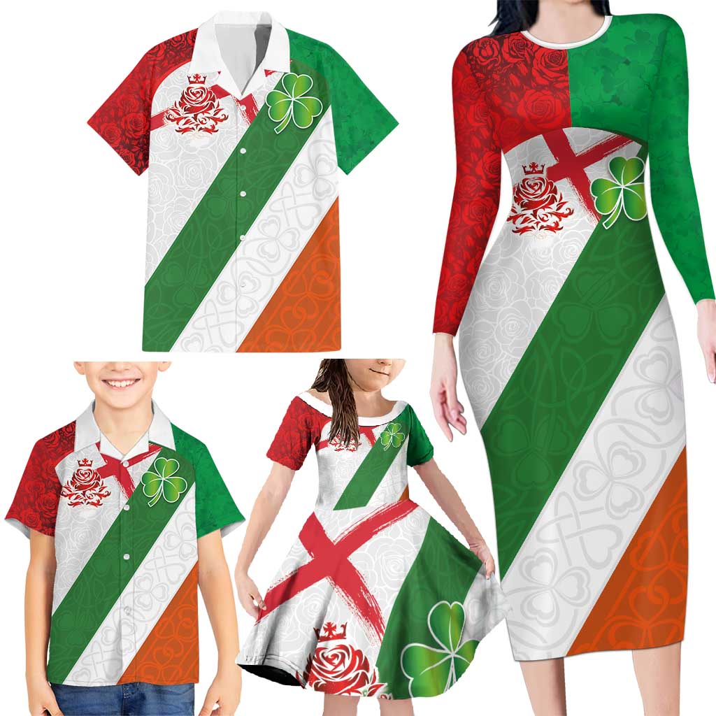 Custom Ireland and England Family Matching Long Sleeve Bodycon Dress and Hawaiian Shirt Celtic Shanrocks and Roses with Red Cross