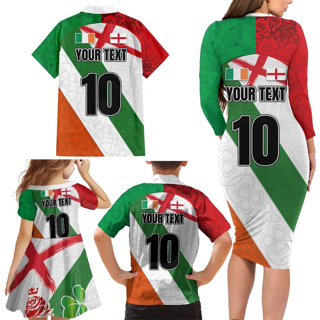 Custom Ireland and England Family Matching Long Sleeve Bodycon Dress and Hawaiian Shirt Celtic Shanrocks and Roses with Red Cross