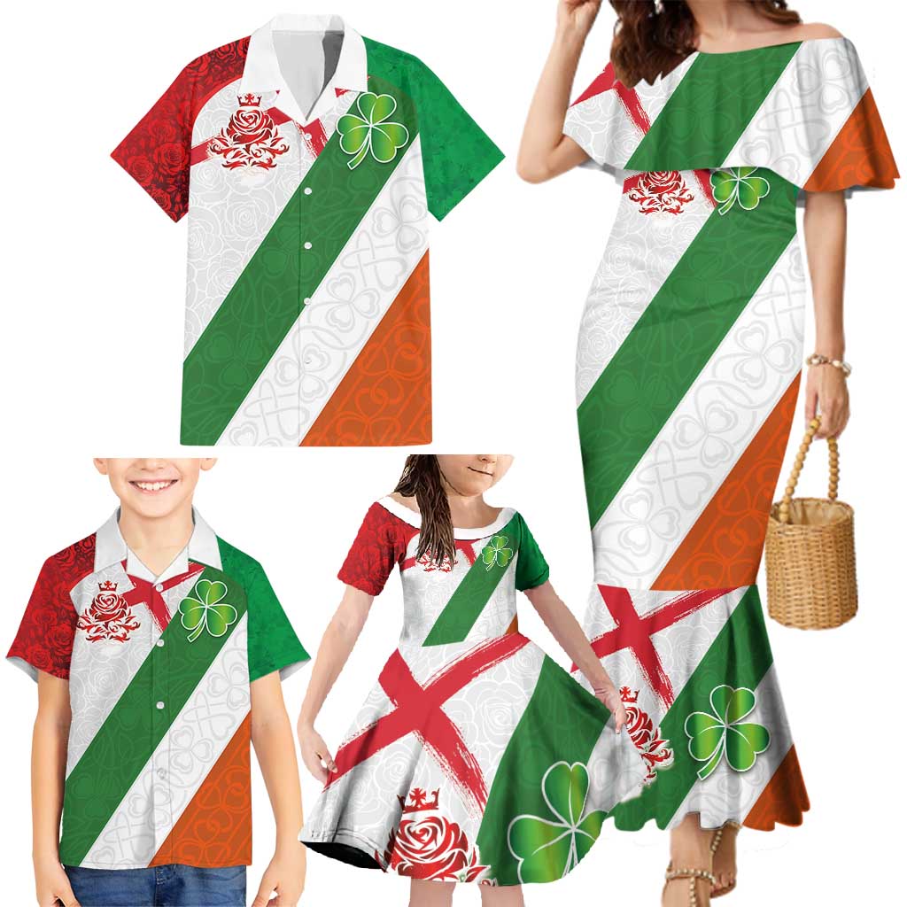 Custom Ireland and England Family Matching Mermaid Dress and Hawaiian Shirt Celtic Shanrocks and Roses with Red Cross