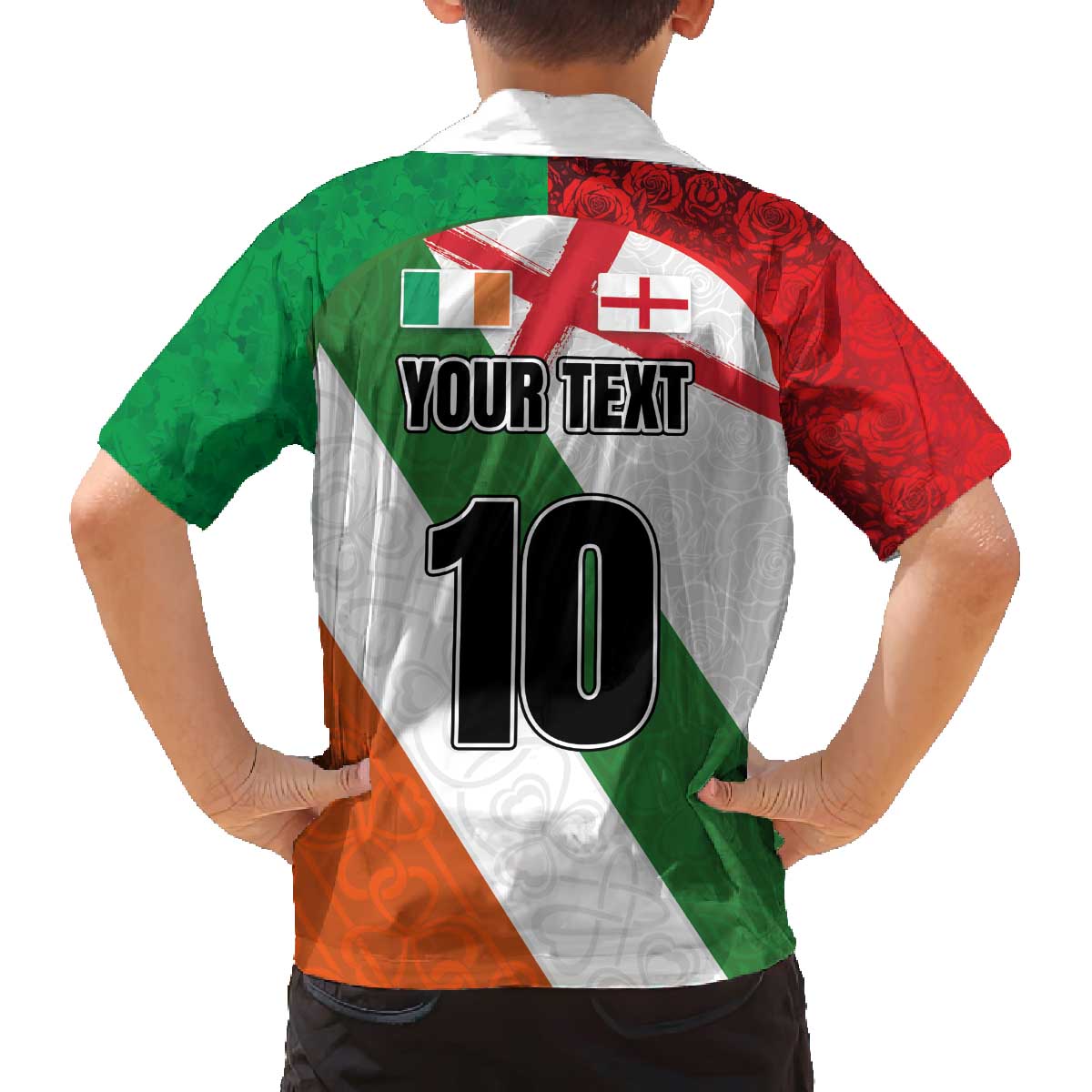 Custom Ireland and England Family Matching Off The Shoulder Long Sleeve Dress and Hawaiian Shirt Celtic Shanrocks and Roses with Red Cross