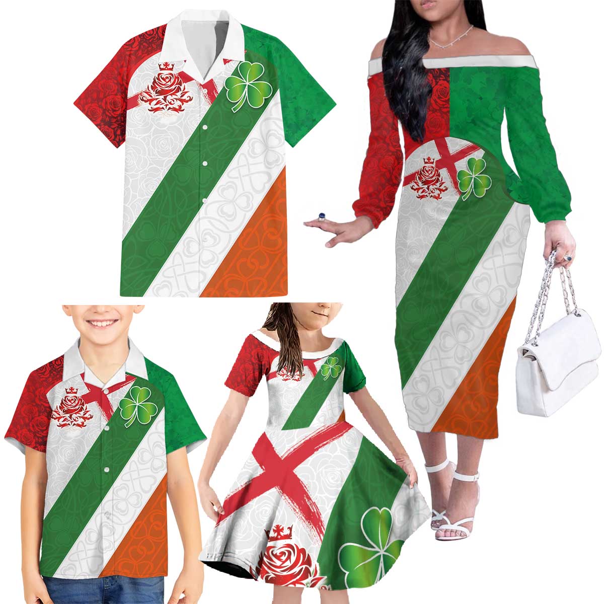 Custom Ireland and England Family Matching Off The Shoulder Long Sleeve Dress and Hawaiian Shirt Celtic Shanrocks and Roses with Red Cross