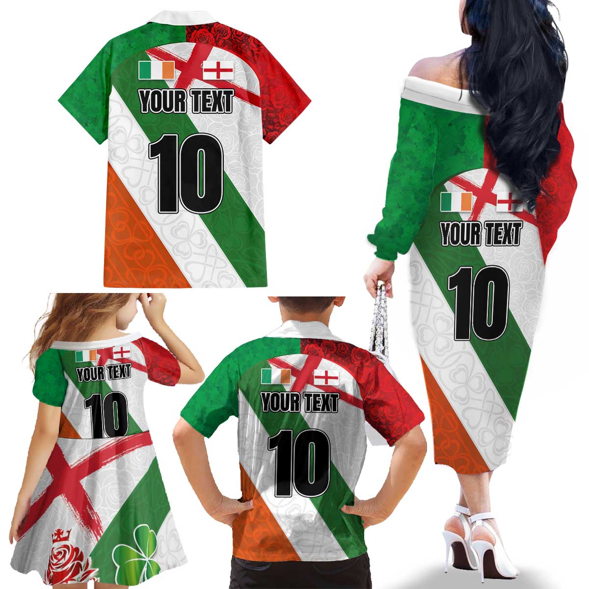 Custom Ireland and England Family Matching Off The Shoulder Long Sleeve Dress and Hawaiian Shirt Celtic Shanrocks and Roses with Red Cross