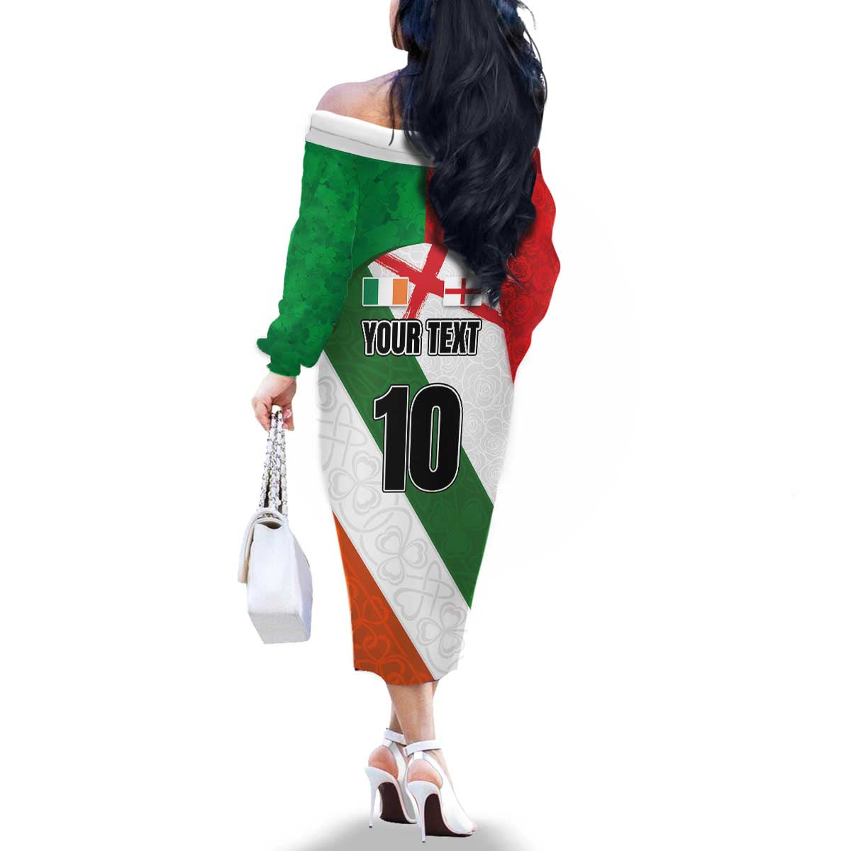 Custom Ireland and England Family Matching Off The Shoulder Long Sleeve Dress and Hawaiian Shirt Celtic Shanrocks and Roses with Red Cross