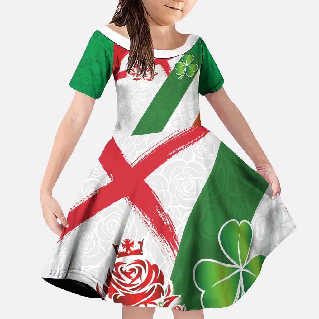 Custom Ireland and England Family Matching Off Shoulder Maxi Dress and Hawaiian Shirt Celtic Shanrocks and Roses with Red Cross