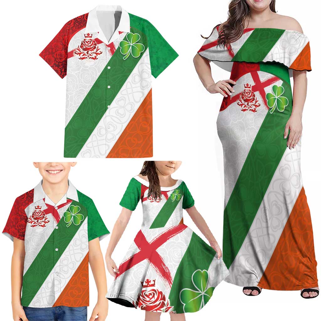 Custom Ireland and England Family Matching Off Shoulder Maxi Dress and Hawaiian Shirt Celtic Shanrocks and Roses with Red Cross