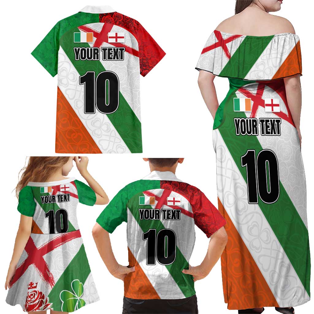 Custom Ireland and England Family Matching Off Shoulder Maxi Dress and Hawaiian Shirt Celtic Shanrocks and Roses with Red Cross