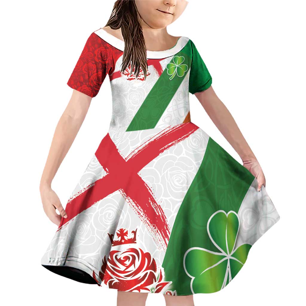 Custom Ireland and England Family Matching Off Shoulder Short Dress and Hawaiian Shirt Celtic Shanrocks and Roses with Red Cross