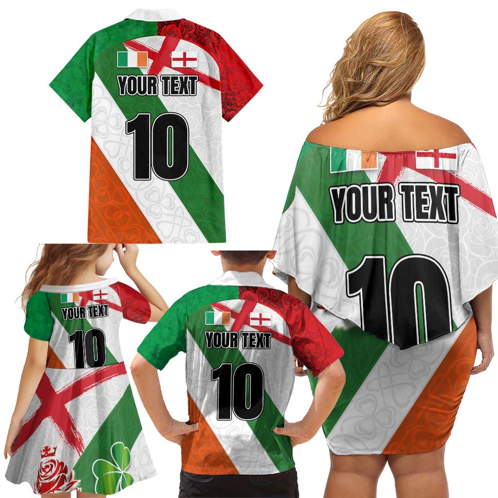 Custom Ireland and England Family Matching Off Shoulder Short Dress and Hawaiian Shirt Celtic Shanrocks and Roses with Red Cross