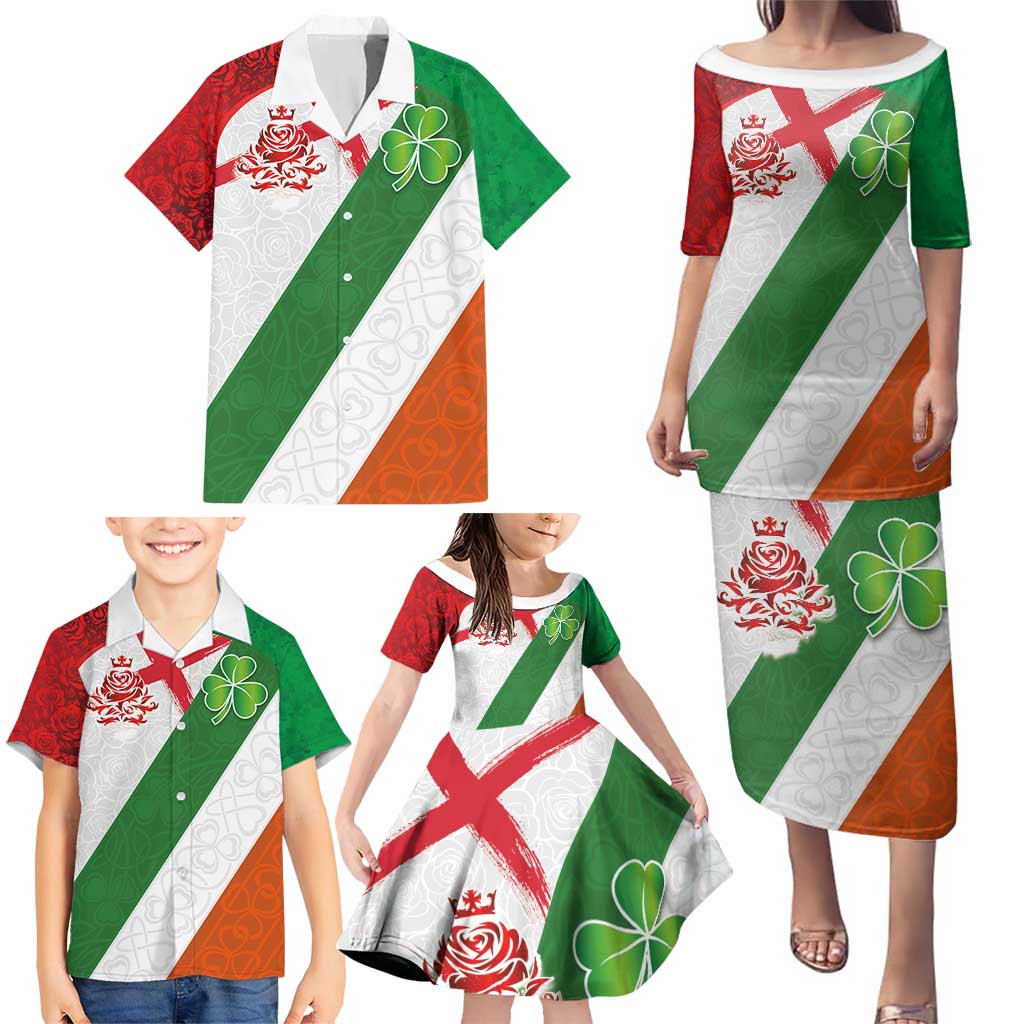 Custom Ireland and England Family Matching Puletasi and Hawaiian Shirt Celtic Shanrocks and Roses with Red Cross