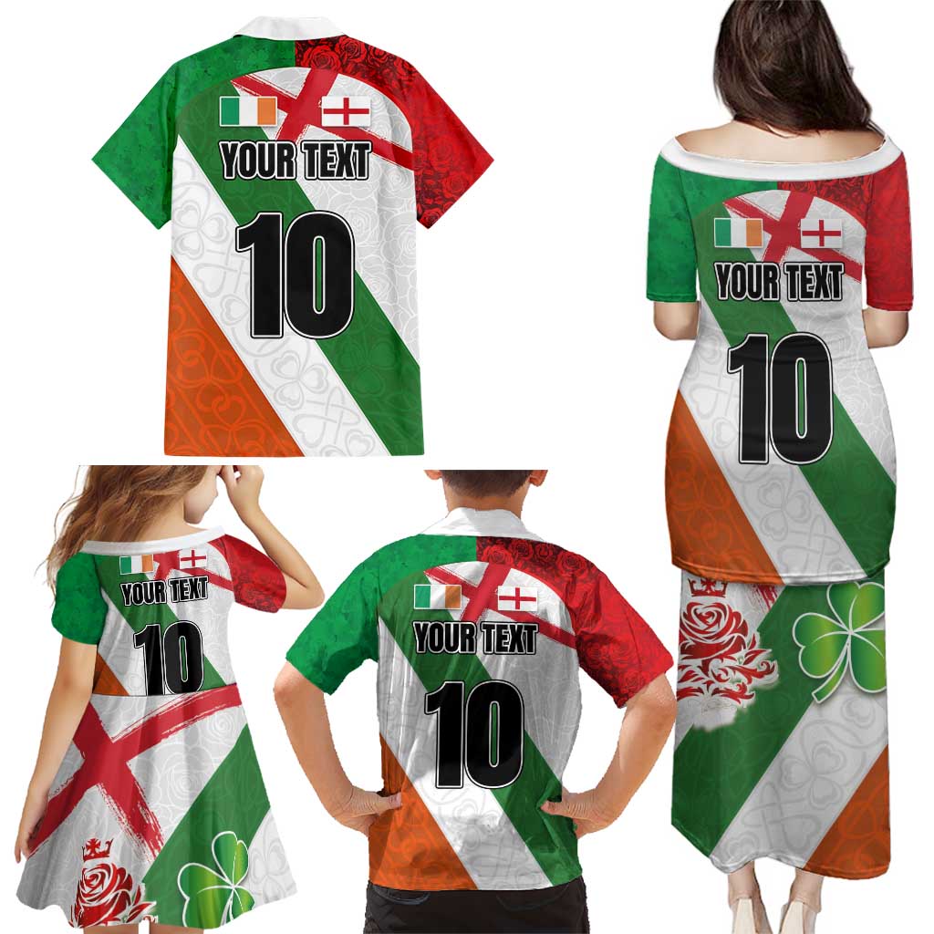 Custom Ireland and England Family Matching Puletasi and Hawaiian Shirt Celtic Shanrocks and Roses with Red Cross