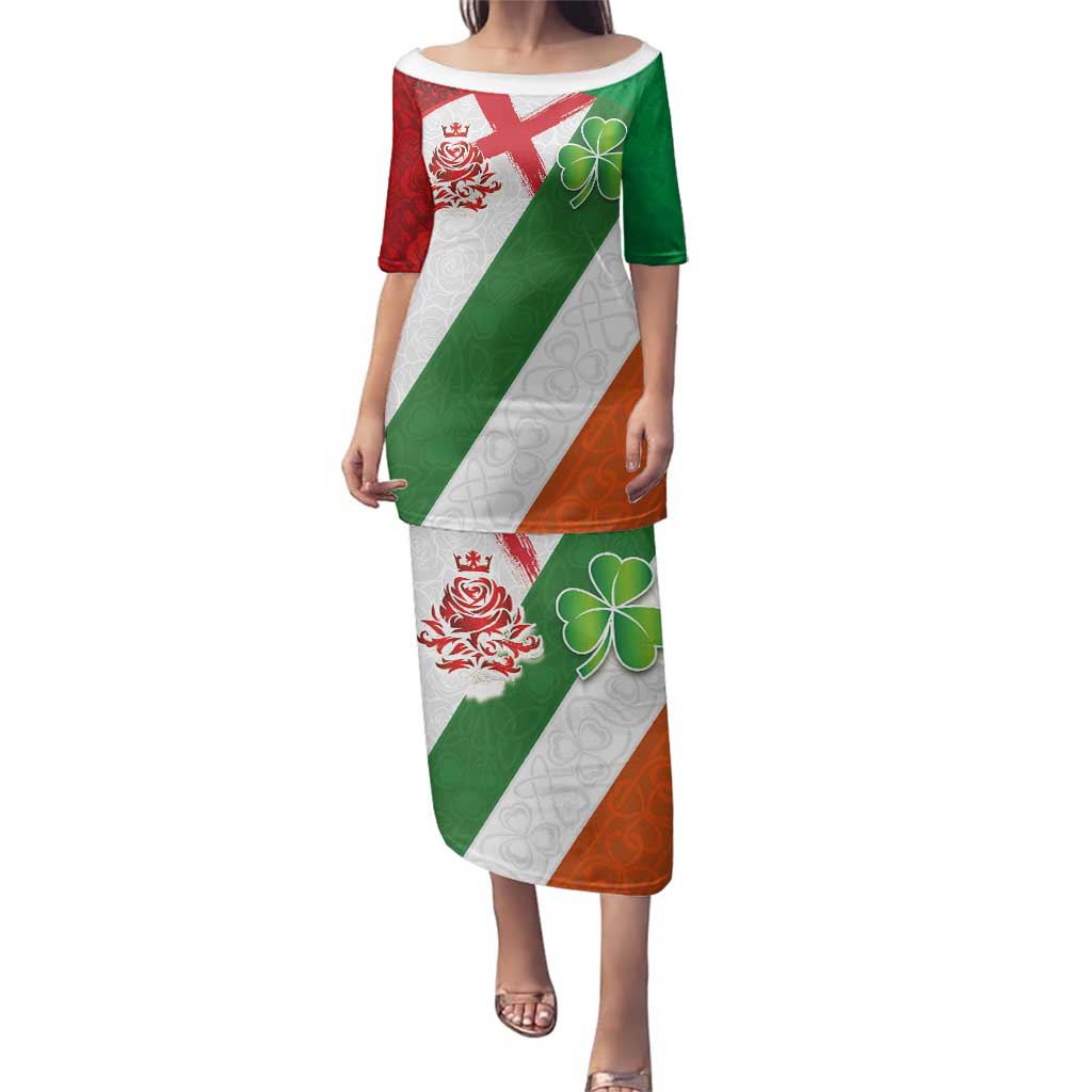 Custom Ireland and England Family Matching Puletasi and Hawaiian Shirt Celtic Shanrocks and Roses with Red Cross