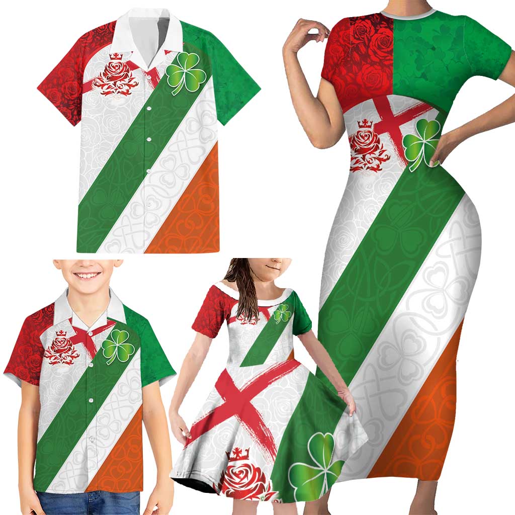 Custom Ireland and England Family Matching Short Sleeve Bodycon Dress and Hawaiian Shirt Celtic Shanrocks and Roses with Red Cross