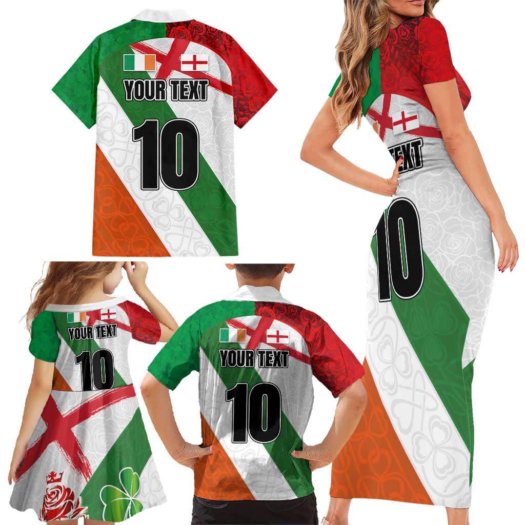 Custom Ireland and England Family Matching Short Sleeve Bodycon Dress and Hawaiian Shirt Celtic Shanrocks and Roses with Red Cross