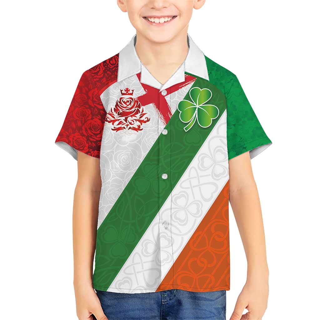 Custom Ireland and England Family Matching Short Sleeve Bodycon Dress and Hawaiian Shirt Celtic Shanrocks and Roses with Red Cross