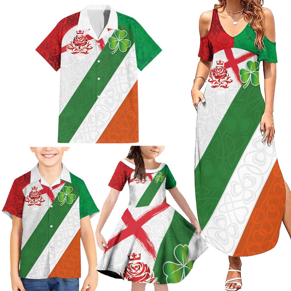 Custom Ireland and England Family Matching Summer Maxi Dress and Hawaiian Shirt Celtic Shanrocks and Roses with Red Cross