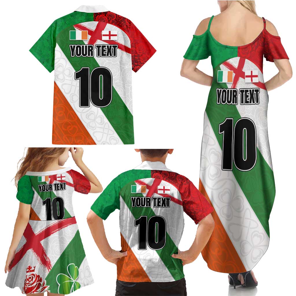 Custom Ireland and England Family Matching Summer Maxi Dress and Hawaiian Shirt Celtic Shanrocks and Roses with Red Cross