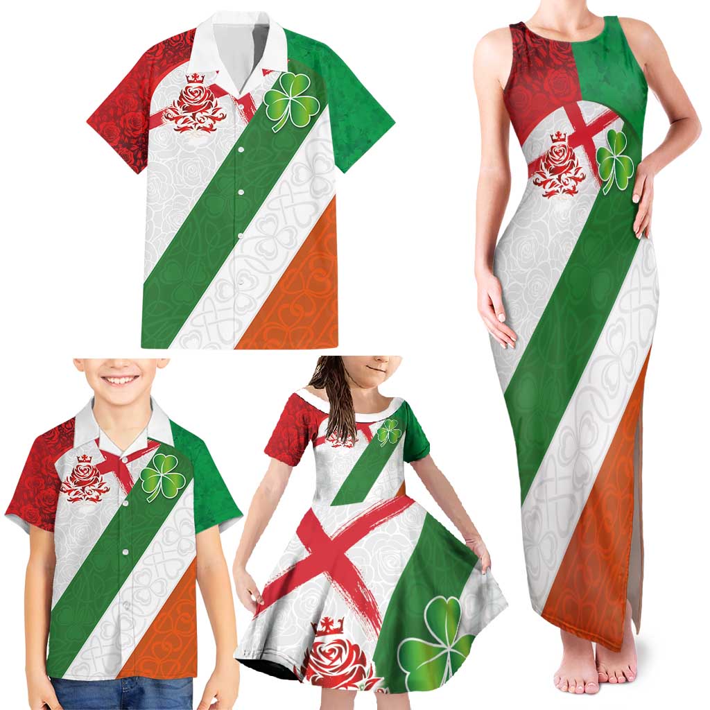 Custom Ireland and England Family Matching Tank Maxi Dress and Hawaiian Shirt Celtic Shanrocks and Roses with Red Cross