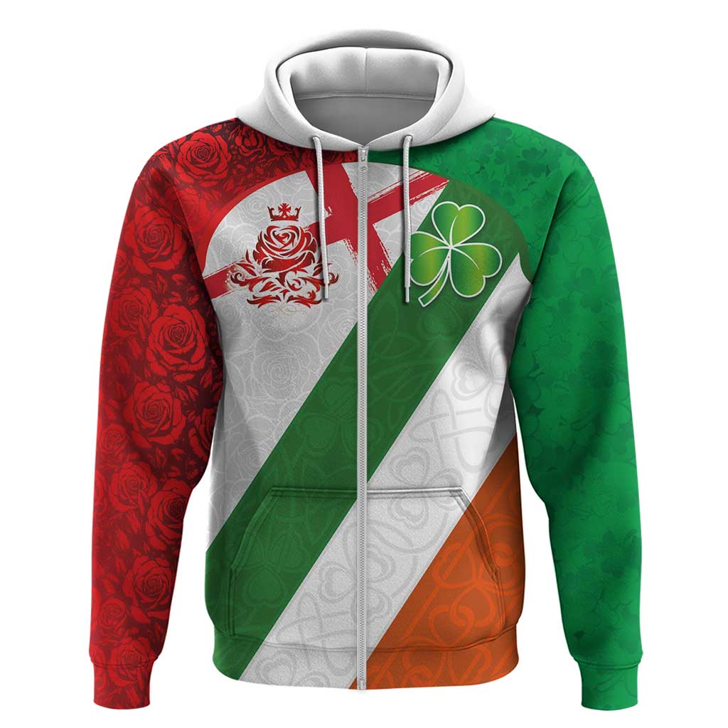 Custom Ireland and England Hoodie Celtic Shanrocks and Roses with Red Cross