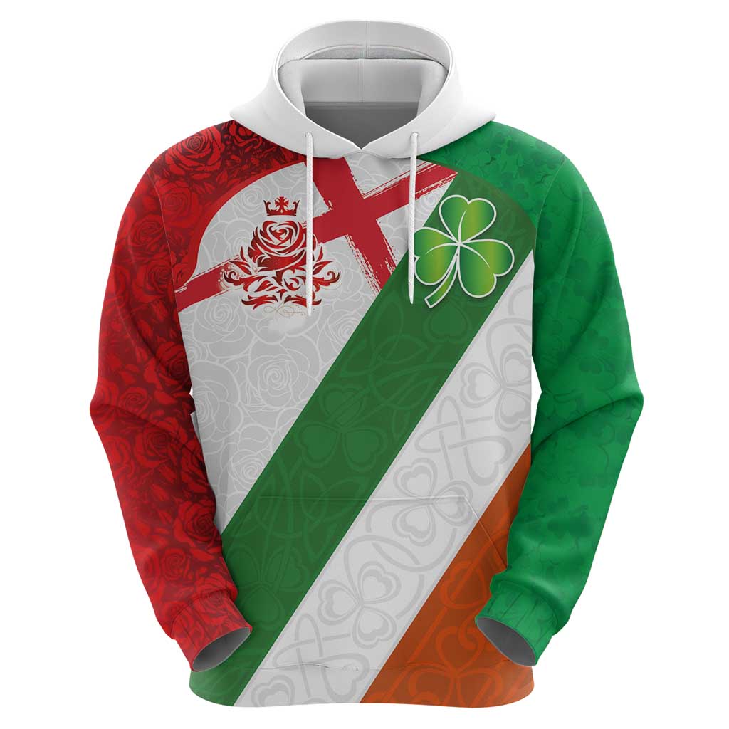 Custom Ireland and England Hoodie Celtic Shanrocks and Roses with Red Cross
