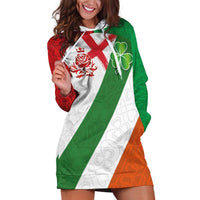 Custom Ireland and England Hoodie Dress Celtic Shanrocks and Roses with Red Cross
