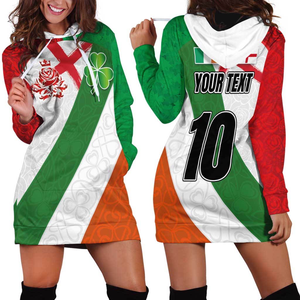 Custom Ireland and England Hoodie Dress Celtic Shanrocks and Roses with Red Cross