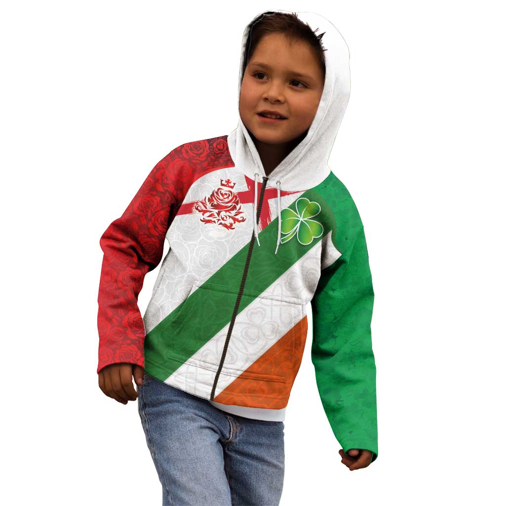 Custom Ireland and England Kid Hoodie Celtic Shanrocks and Roses with Red Cross