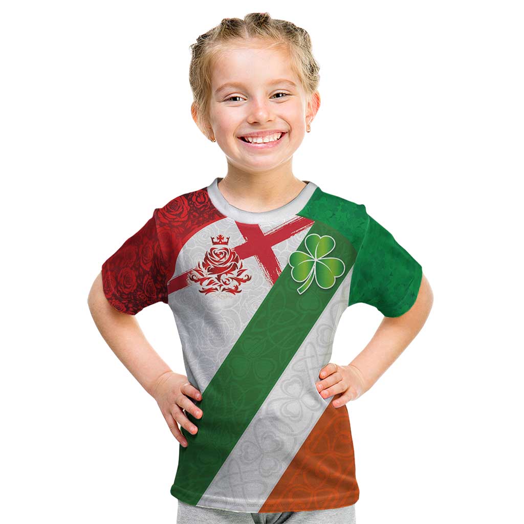 Custom Ireland and England Kid T Shirt Celtic Shanrocks and Roses with Red Cross