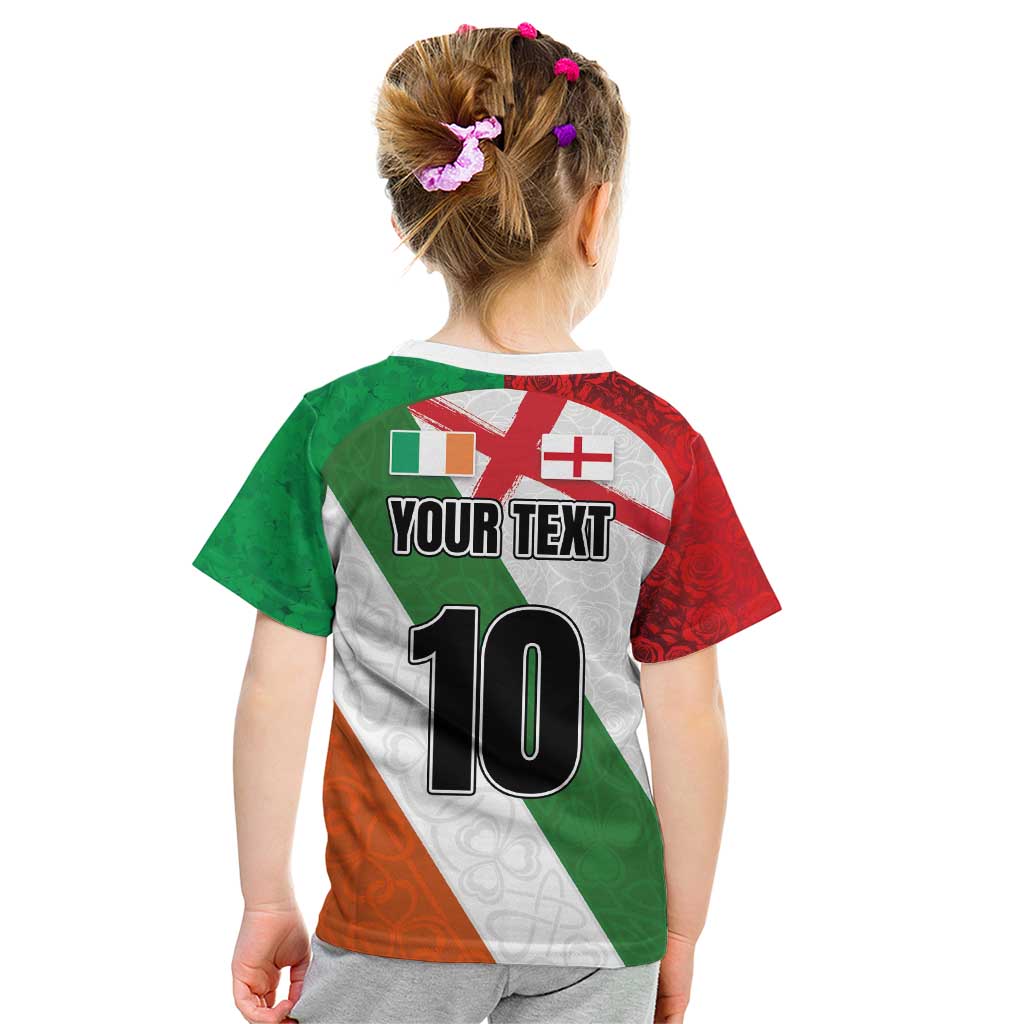 Custom Ireland and England Kid T Shirt Celtic Shanrocks and Roses with Red Cross