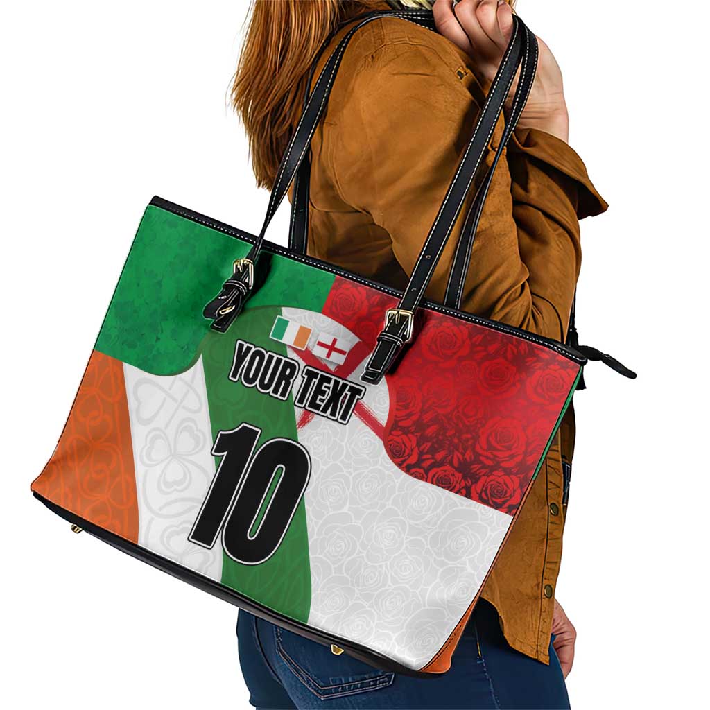 Custom Ireland and England Leather Tote Bag Celtic Shanrocks and Roses with Red Cross