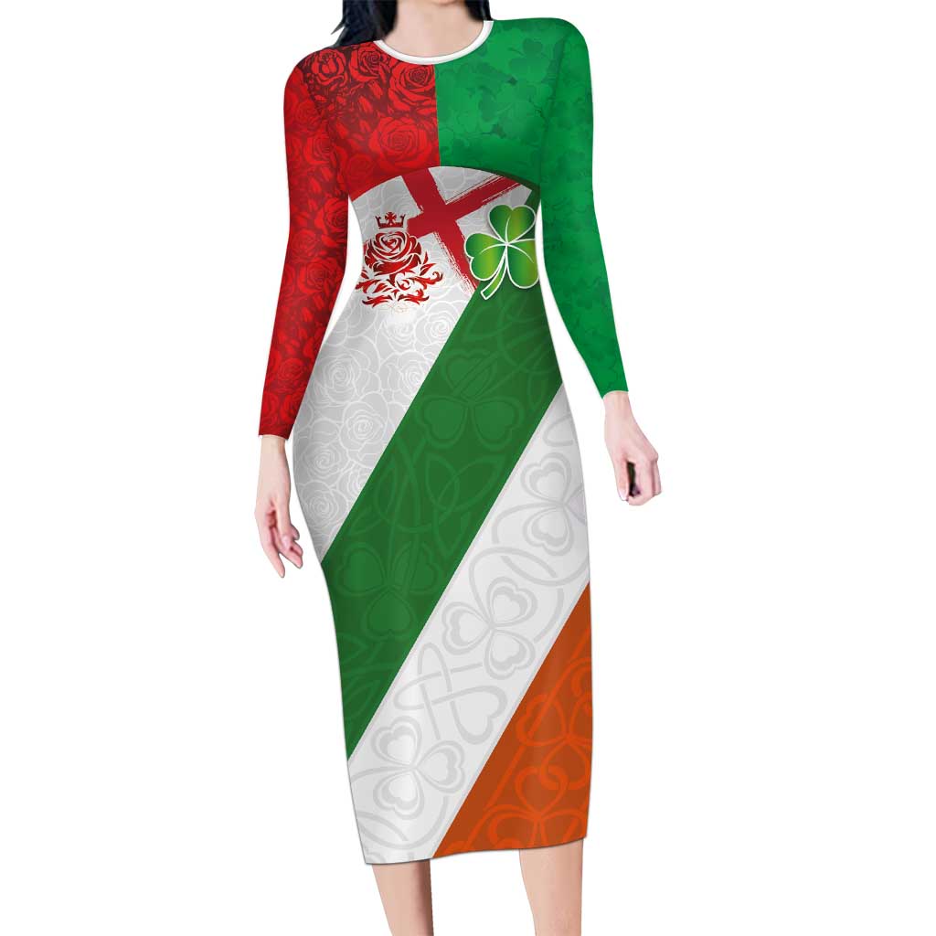 Custom Ireland and England Long Sleeve Bodycon Dress Celtic Shanrocks and Roses with Red Cross