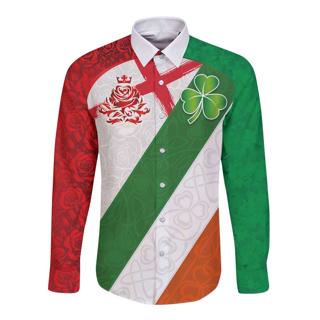 Custom Ireland and England Long Sleeve Button Shirt Celtic Shanrocks and Roses with Red Cross
