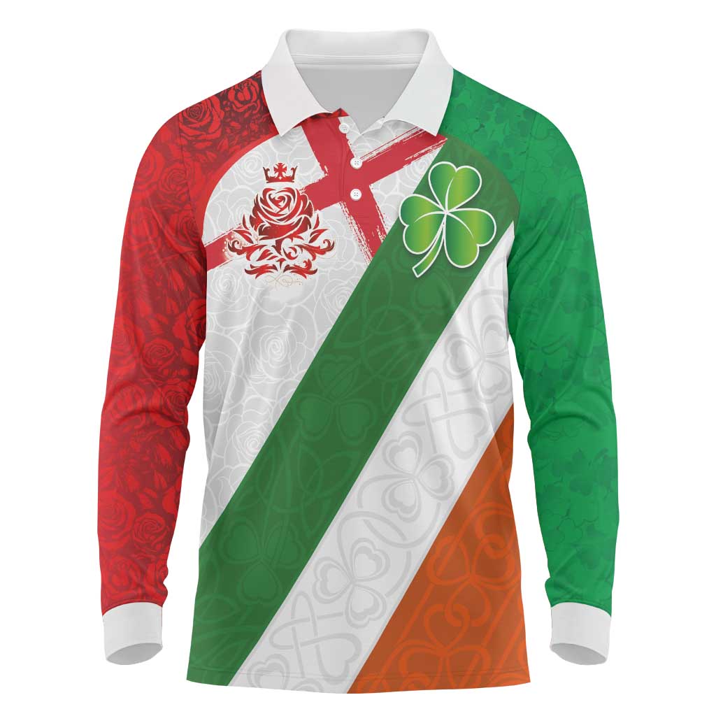 Custom Ireland and England Long Sleeve Polo Shirt Celtic Shanrocks and Roses with Red Cross