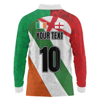 Custom Ireland and England Long Sleeve Polo Shirt Celtic Shanrocks and Roses with Red Cross