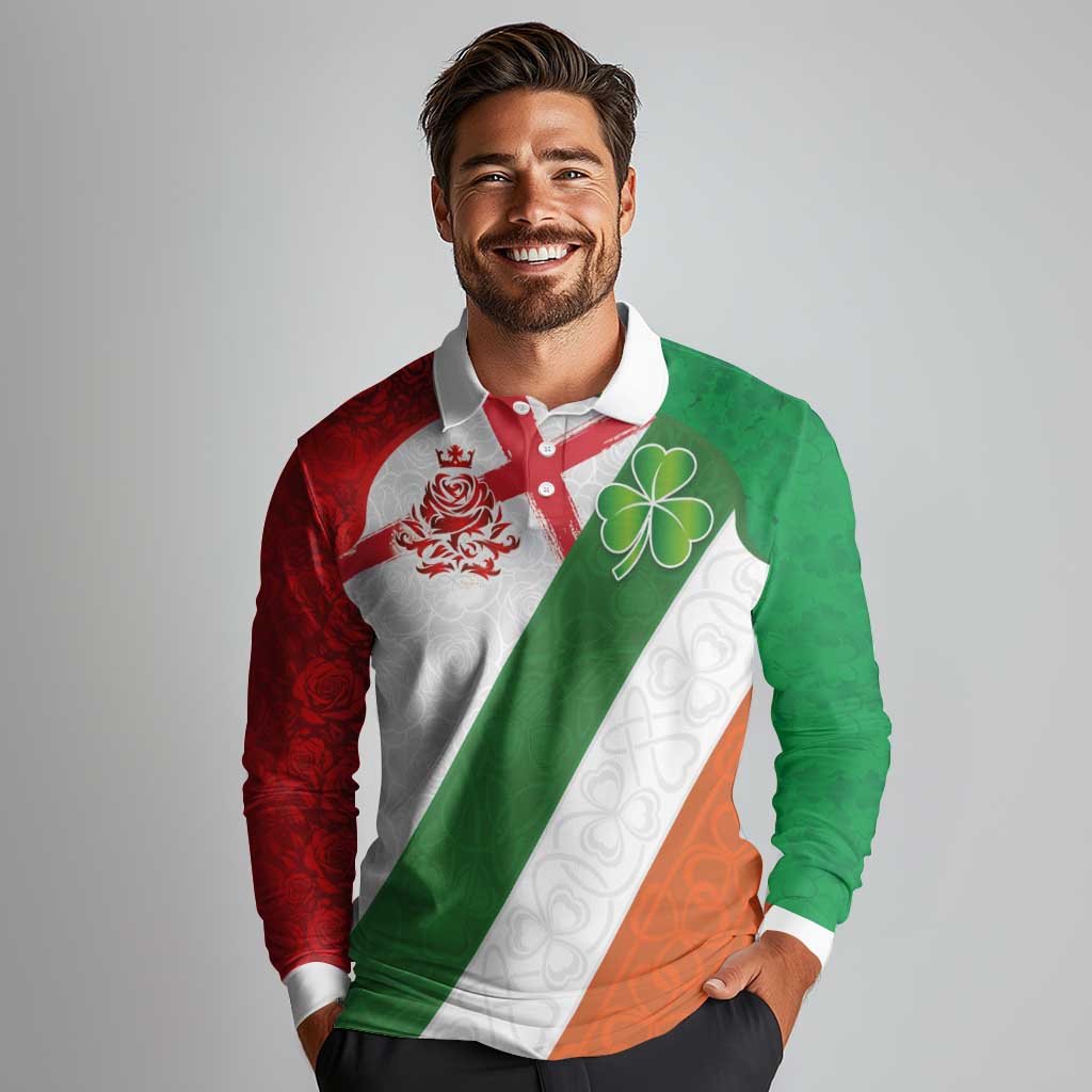Custom Ireland and England Long Sleeve Polo Shirt Celtic Shanrocks and Roses with Red Cross