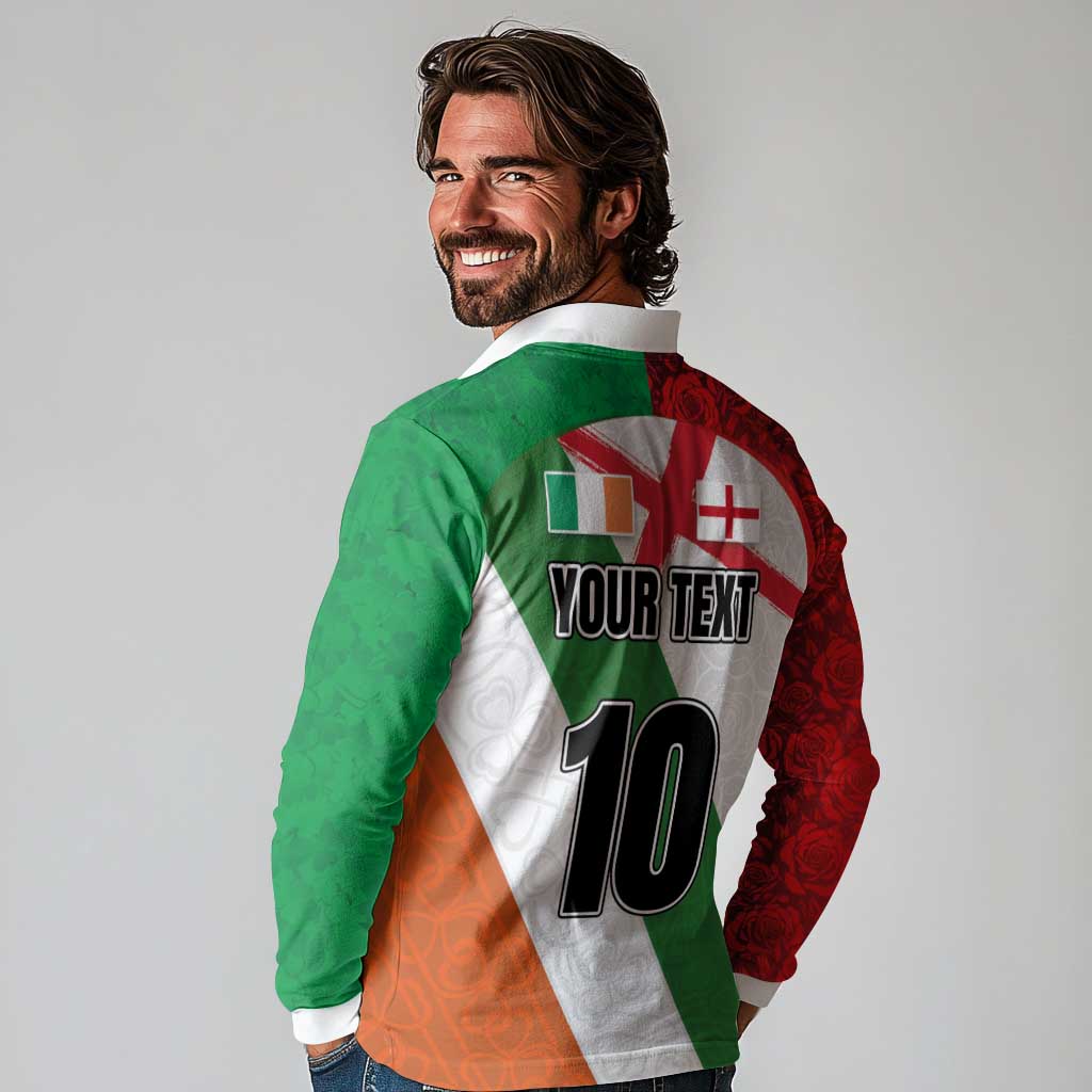 Custom Ireland and England Long Sleeve Polo Shirt Celtic Shanrocks and Roses with Red Cross
