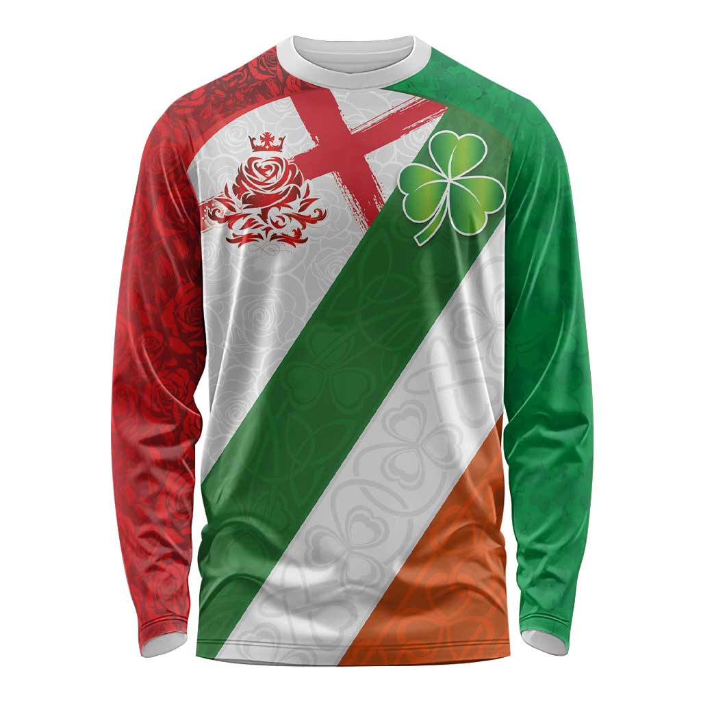 Custom Ireland and England Long Sleeve Shirt Celtic Shanrocks and Roses with Red Cross