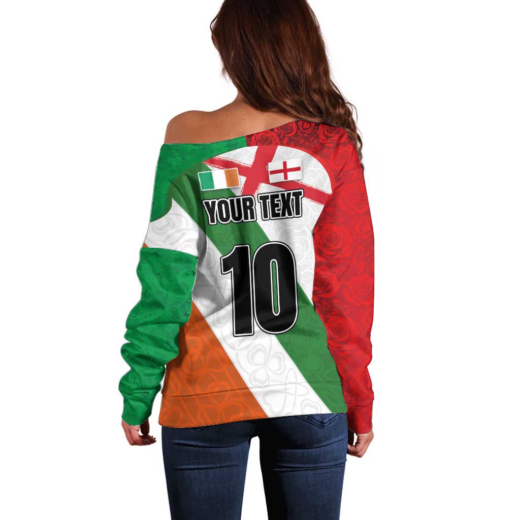 Custom Ireland and England Off Shoulder Sweater Celtic Shanrocks and Roses with Red Cross