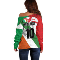 Custom Ireland and England Off Shoulder Sweater Celtic Shanrocks and Roses with Red Cross