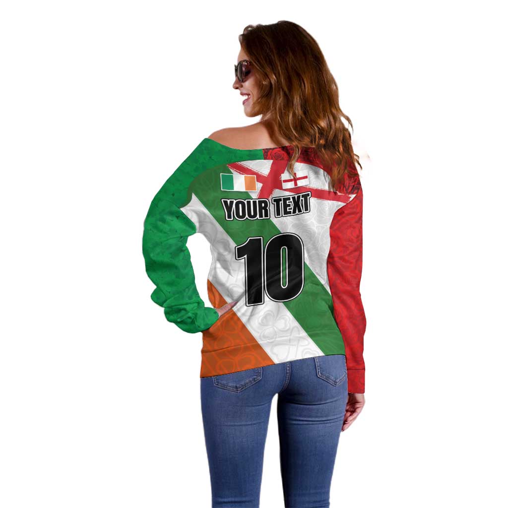 Custom Ireland and England Off Shoulder Sweater Celtic Shanrocks and Roses with Red Cross