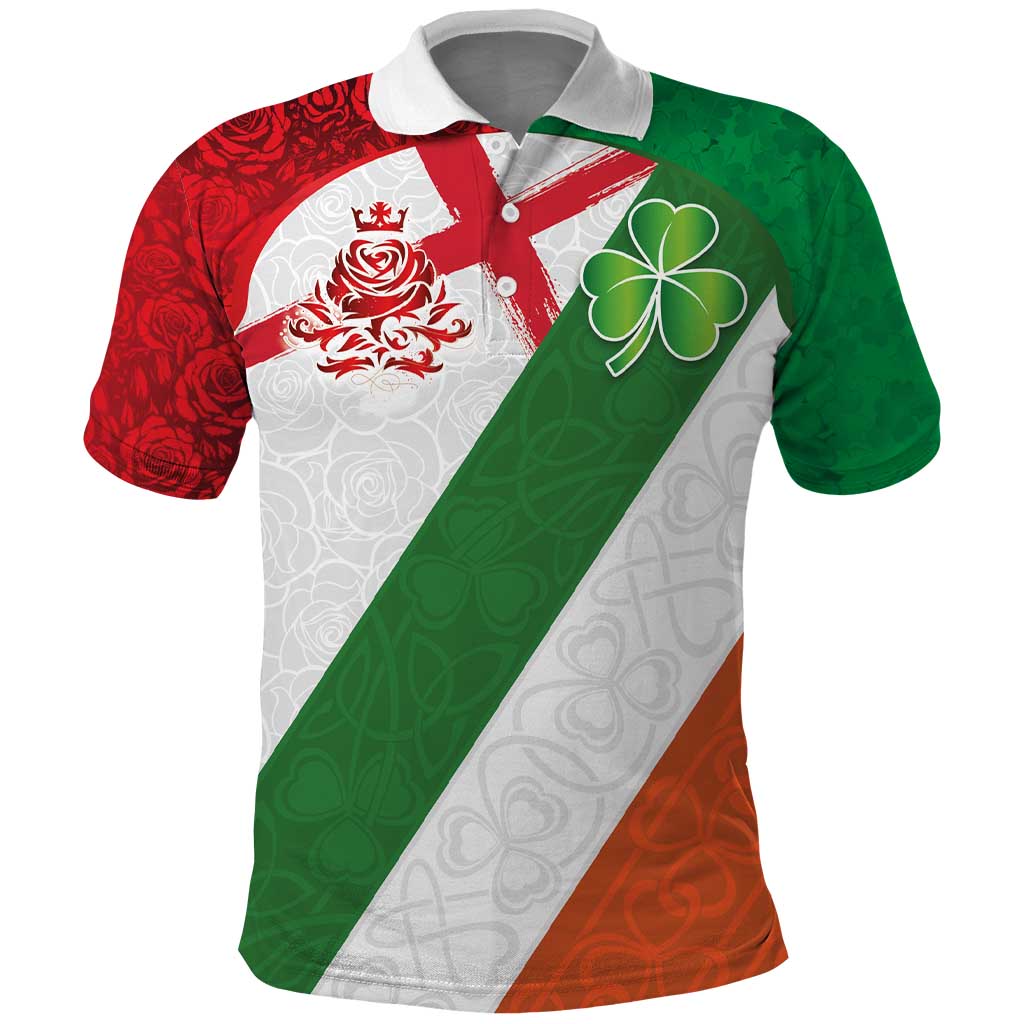 Custom Ireland and England Polo Shirt Celtic Shanrocks and Roses with Red Cross