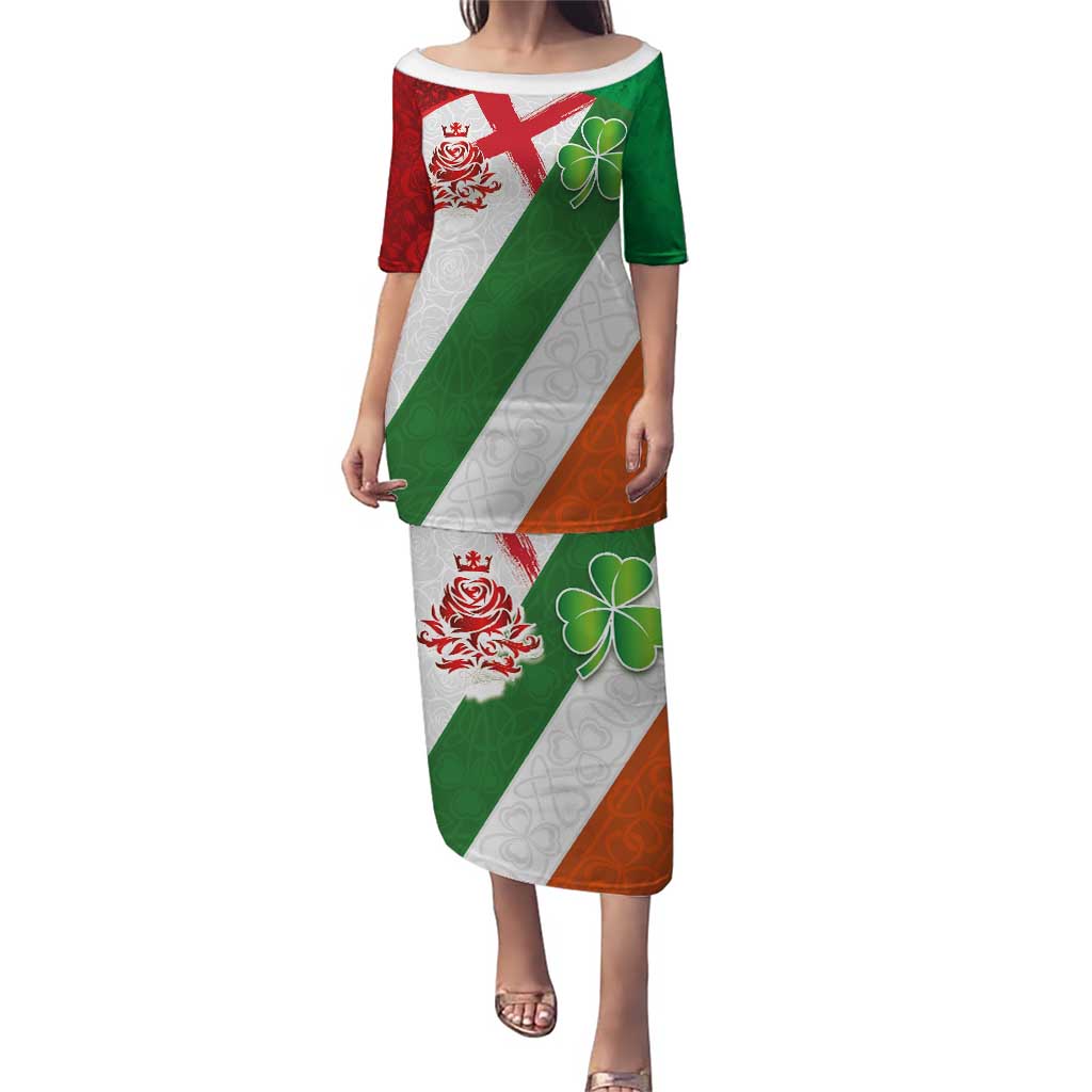 Custom Ireland and England Puletasi Celtic Shanrocks and Roses with Red Cross