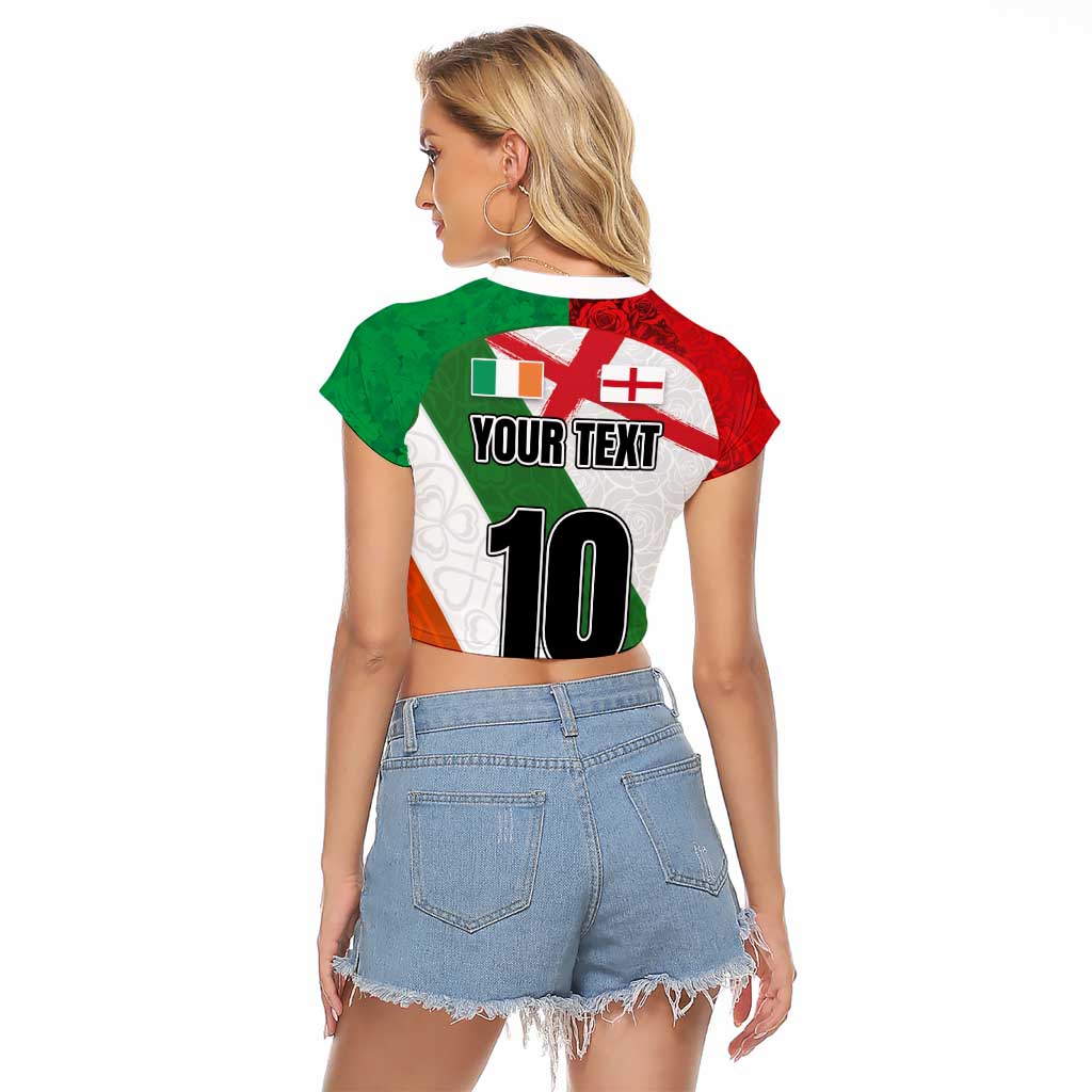 Custom Ireland and England Raglan Cropped T Shirt Celtic Shanrocks and Roses with Red Cross