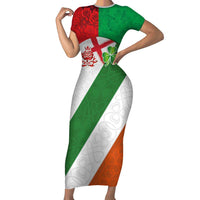 Custom Ireland and England Short Sleeve Bodycon Dress Celtic Shanrocks and Roses with Red Cross