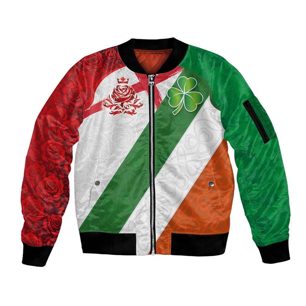 Custom Ireland and England Sleeve Zip Bomber Jacket Celtic Shanrocks and Roses with Red Cross