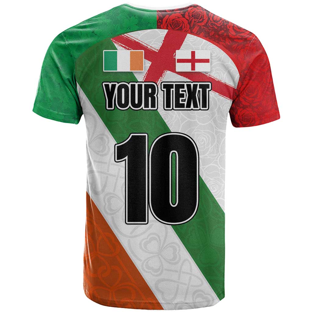 Custom Ireland and England T Shirt Celtic Shanrocks and Roses with Red Cross