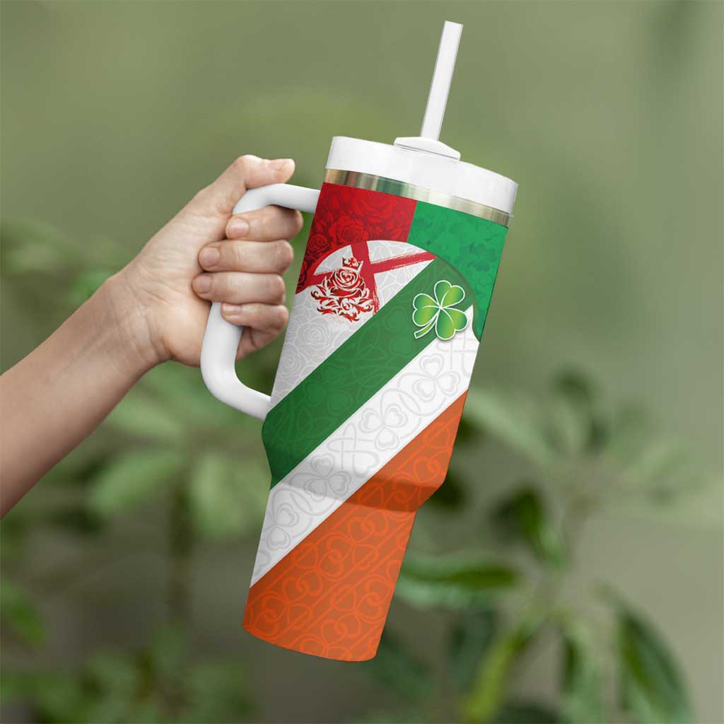 Custom Ireland and England Tumbler With Handle Celtic Shanrocks and Roses with Red Cross