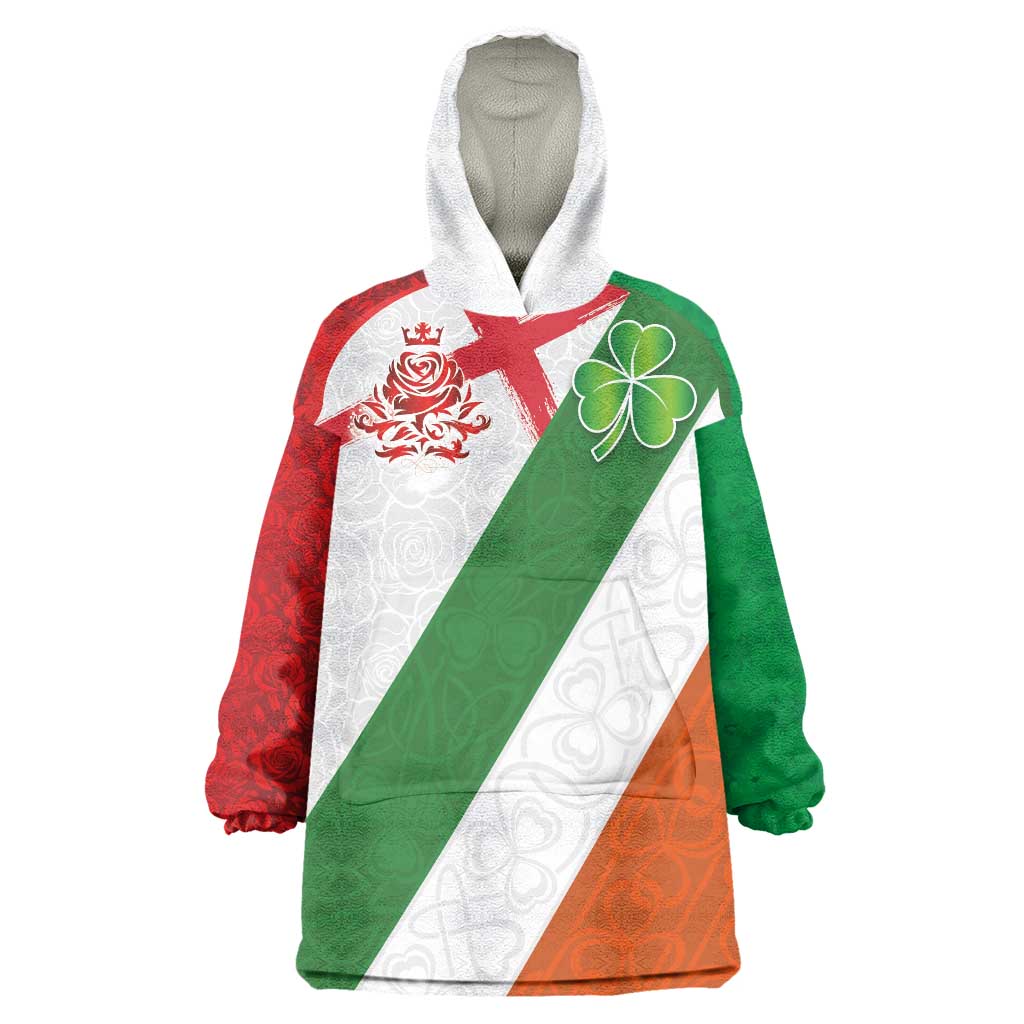 Custom Ireland and England Wearable Blanket Hoodie Celtic Shanrocks and Roses with Red Cross
