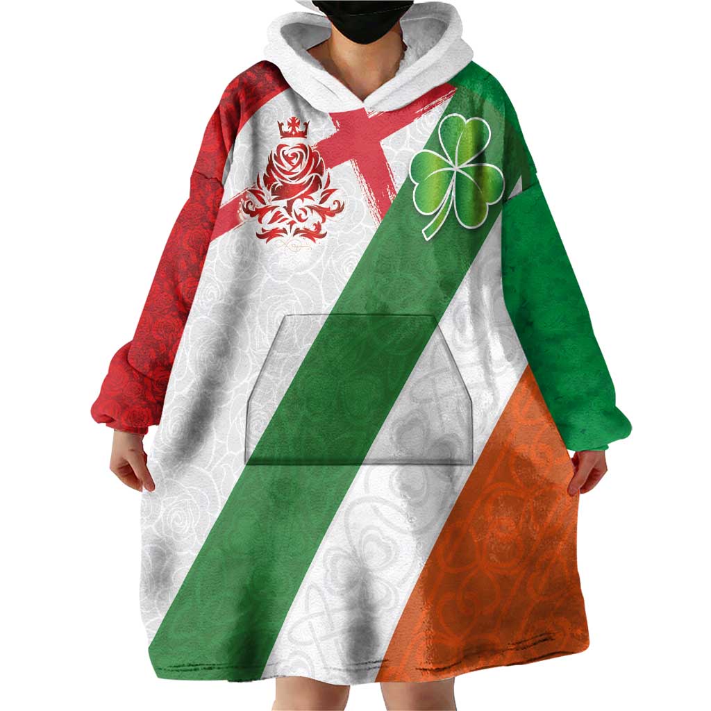 Custom Ireland and England Wearable Blanket Hoodie Celtic Shanrocks and Roses with Red Cross