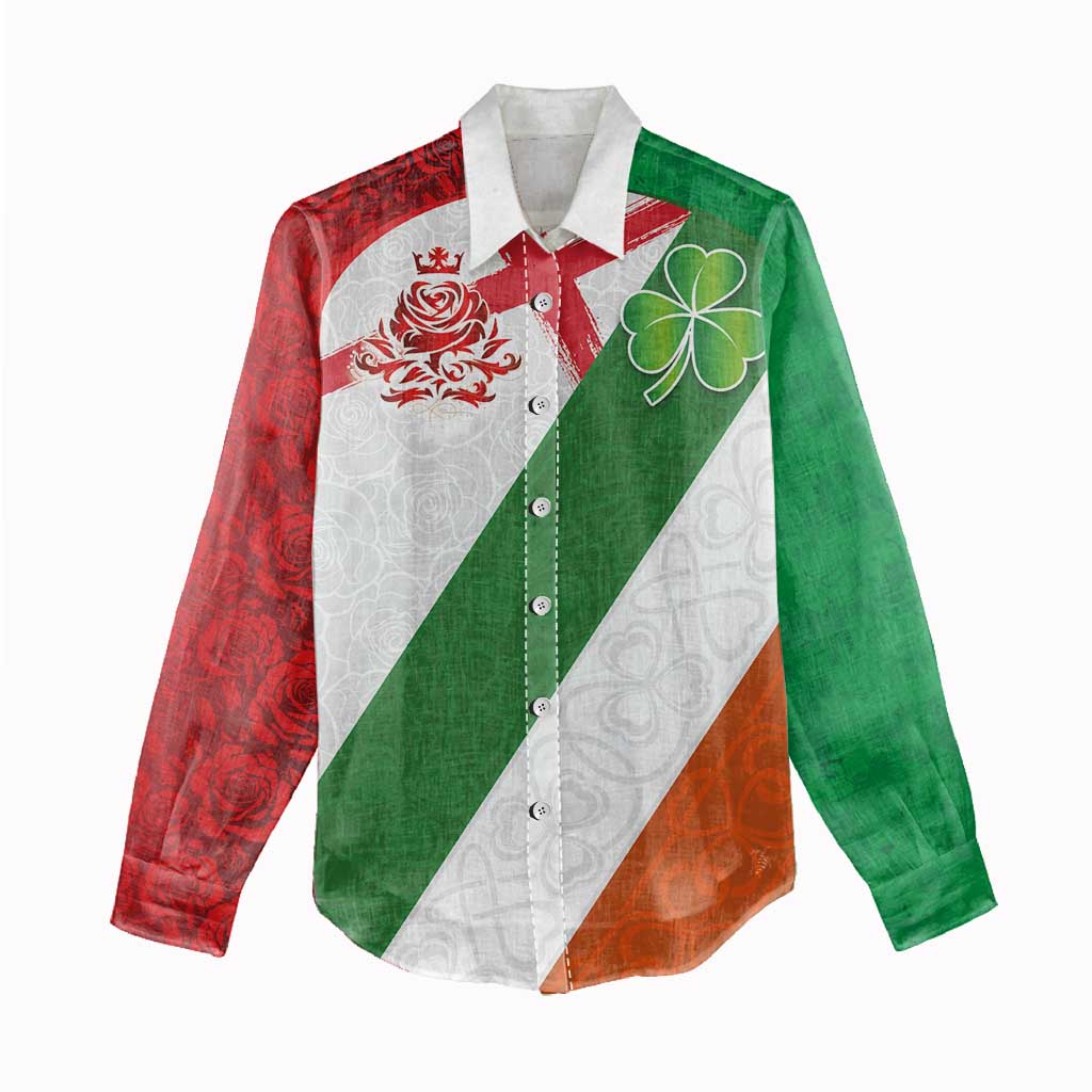 Custom Ireland and England Women Casual Shirt Celtic Shanrocks and Roses with Red Cross
